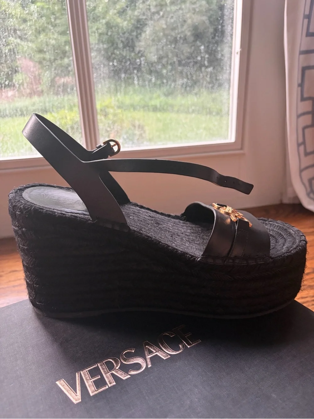 Versace Black Platform Espadrille Sandals with Gold Medusa Medallion Accent